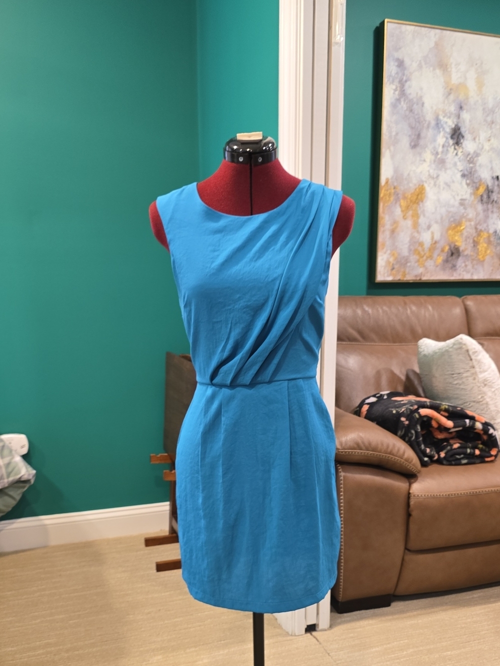 Topshop Turquoise Blue Sleeveless Draped Waist Mini Dress, Size 4 US